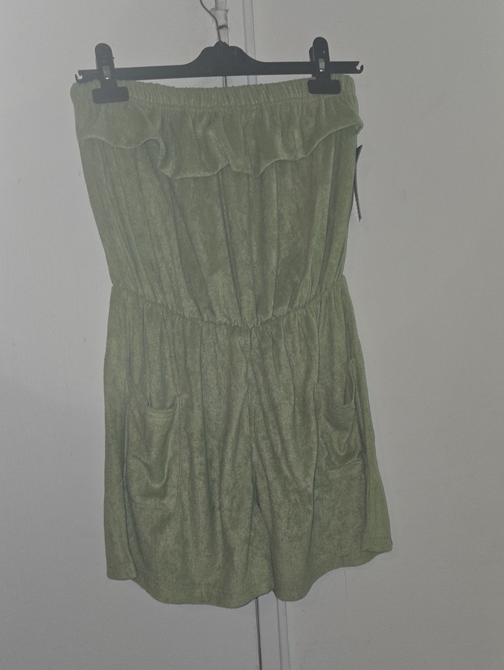 Strapless Olive Green Ruffle Romper Shorts